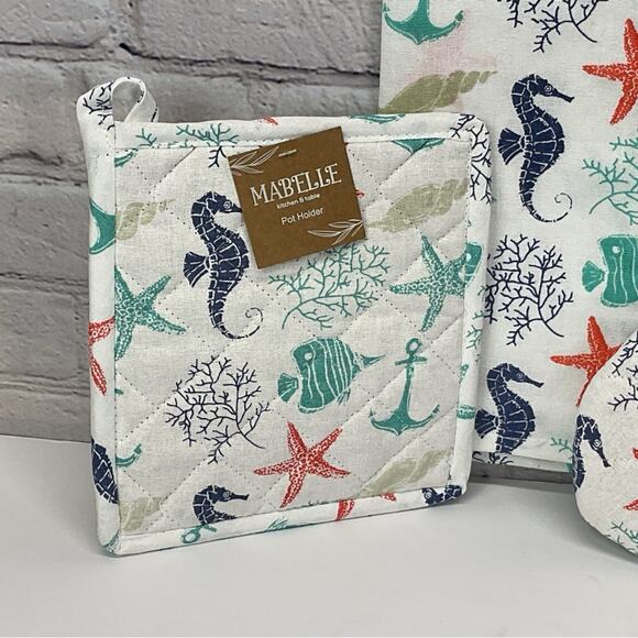 Nautical Beach Theme 4 Piece Kitchen Set 2 Dish Towels 1 Pot Holder 1 Oven Mitt - Picture 5 of 12